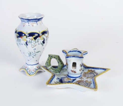 Two Porcelain Faience Decorative Accessories: Faience porcelain, including vase, 5.5" tall, and one taper candlestick holder with handle