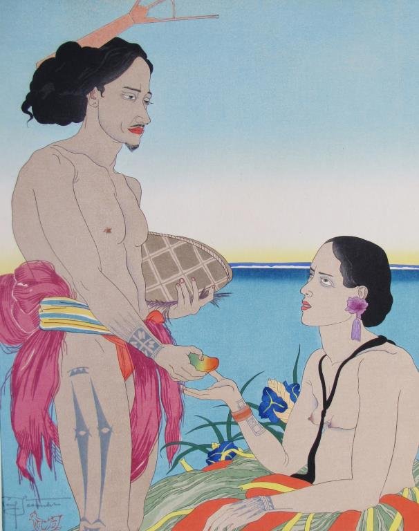 Paul Jacoulet Woodblock Print, "Amoreux...": Paul Jacoulet (French, 1902-1960) woodblock print, 15 x 11.5, pencil signed and stamped lower right, entitled "Amoreux A Tarang Yap, Quest Carolines", 1935, matted not framed