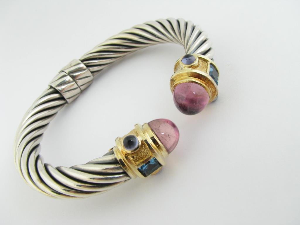 Sterling/18K YG Yurman Pink Tourmaline Cable Cuff: Sterling silver and 18K yellow gold early David Yurman pink tourmaline multi color renaissance cable cuff, retail $1,995 391859