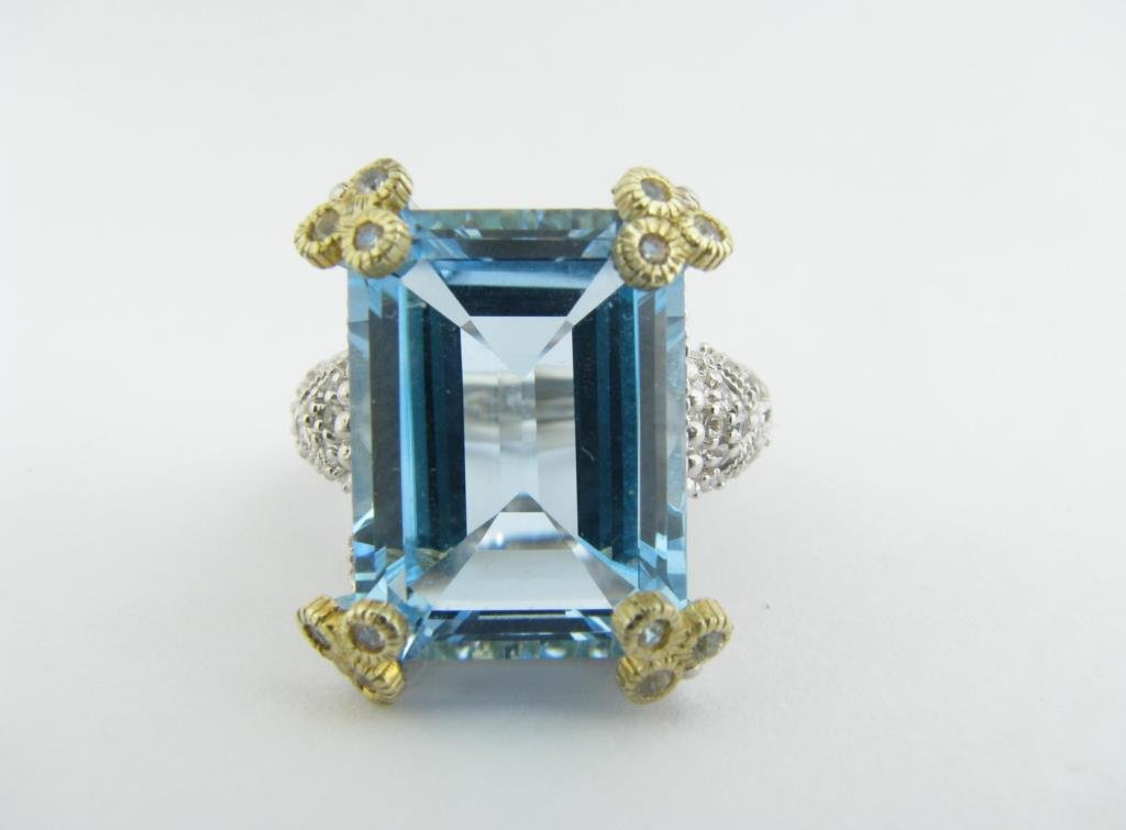 New Sterling/18k Ripka Topaz, Sapphire Ring: Brand new sterling silver and 18k Judith Ripka blue topaz and white sapphire ring, retail $800 349868
