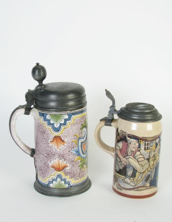 Two German Drinking Vessels, Mettlach: Two German drinking vessels including half liter Mettlach #1097, and unmarked one liter with Dutch style painted decoration