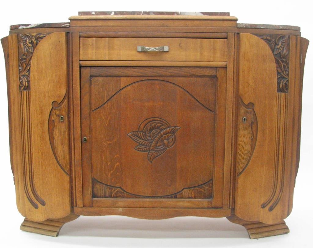 Period Art Deco Marble Top Sideboard: A period art deco marble top sideboard with recessed carvings on all doors, and three-section chocolate marble top, 42" high x 53" x 18" deep