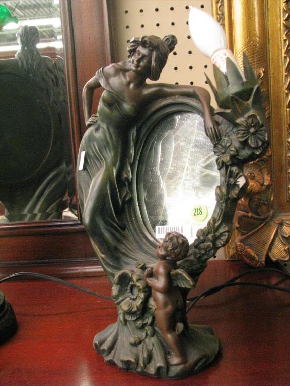 Two Reproduction Art Nouveau Lamps: Two reproduction table lamps in Art Nouveau style, with oval mirrors, 19" and 14" high (one missing shade)