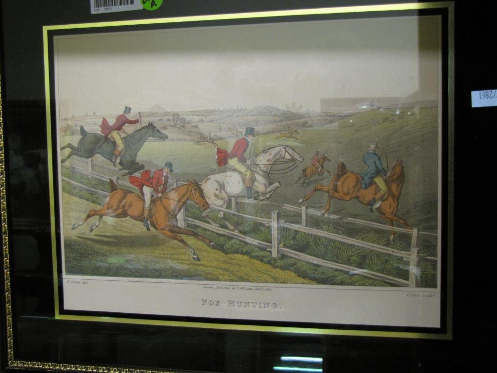 Collection of Five British Hunt Scene Prints: Group of Five British sporting prints, printed at lower left "H, Alken del" (Henry Thomas Alken, English, 1785-1851), at right "I,Clark sculpt": (1) "Fox Hunting, Digging Out" (cracked glass); (1) "St
