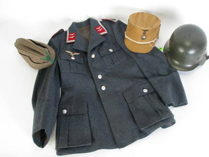 WWII Nazi Uniform Jacket and Group of Hats: A WWII Nazi uniform jacket and group of hats including two field caps and one Nazi SS helmet, and one wool German Air Force Staff Sergeant uniform jacket with Nazi insignia patch and stamped identific