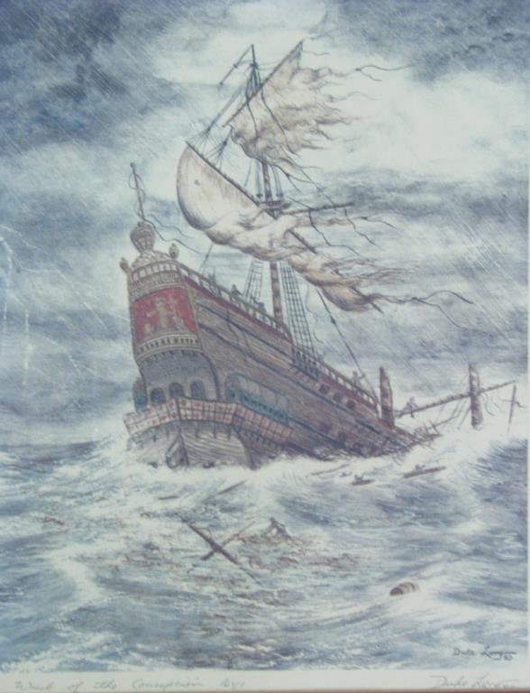 Signed Lithograph, "The Wreck of the Concepcion": Signed lithograph by artist Duke Long, "The Wreck of the Concepcion 1641", signed and titled in lower margin, 1980, size as framed 19" x 17"