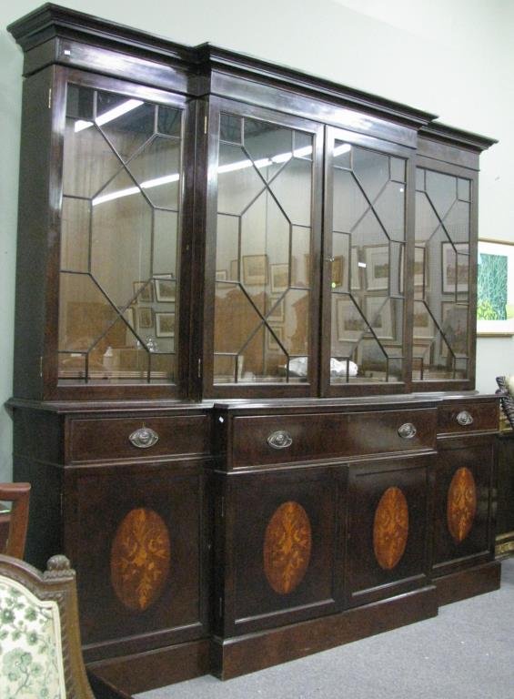 Vintage, Georgian Style Breakfront: A vintage, Georgian style breakfront china cabinet, 'true' breakfront with secretary desk, mahogany with banding around doors and inlaid medallions, 98" wide, 90" tall
