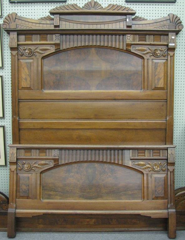 Antique Eastlake Full Size Bed: An antique Eastlake full size bed with headboard, footboard and side rails, matched grain burl walnut, headboard is 82" tall