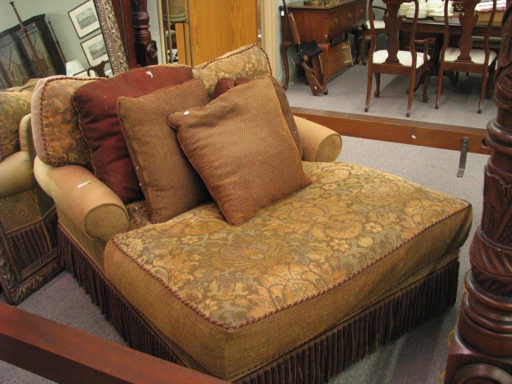 Harden Furniture Oversized Chaise Lounger: A Harden Furniture oversized chaise lounger with down filled pillows, shows moderate wear