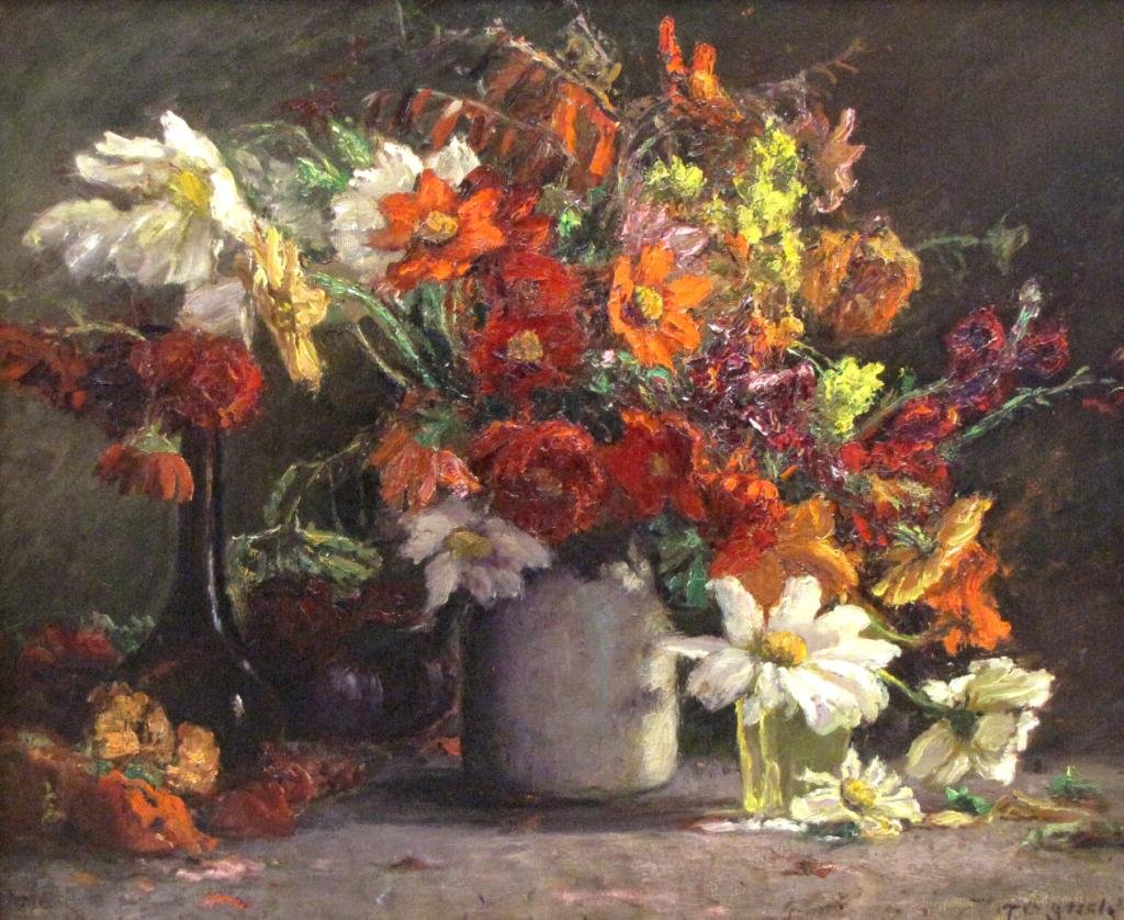 T.C. Steele 25x30 O/C Vibrant Still Life, 1913: Theodore Clement Steele (IN, 1847-1926) 25 x 30, oil on canvas, signed lower right, and dated 1913, a floral still life depicting colorful flowers with multiple vases and vessels from Estate of Emily