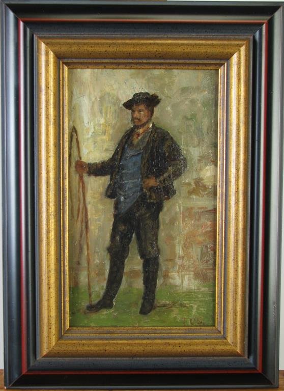 T.C. Steele 8x4 O/B Man with Bull Whip: Theodore Clement Steele (IN, 1847-1926) 8.25 x 4.75, oil on cigar box lid, initialed lower right, depicting man with bull whip Estate of Emily Alig Daniels