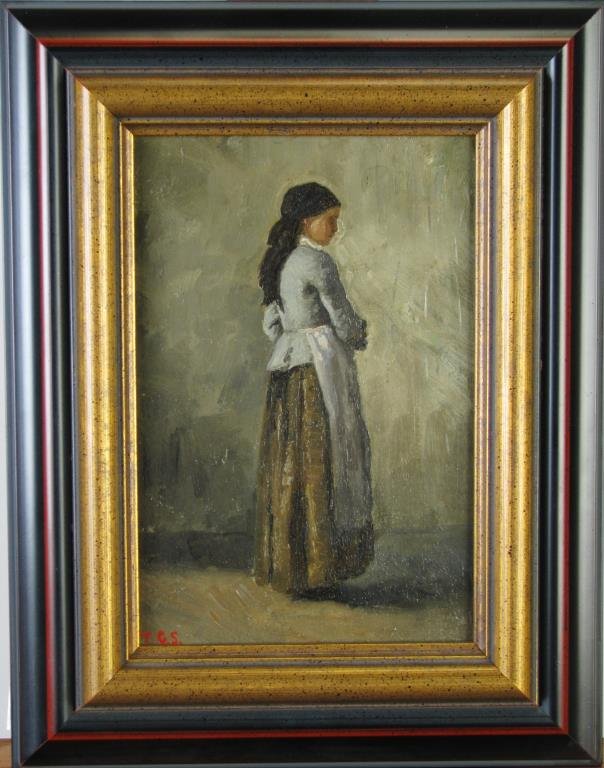 T.C. Steele 8x5 O/B Peasant Woman: Theodore Clement Steele (IN, 1847-1926) 8.5 x 5.75, oil on cigar box lid, initialed lower left, depicting peasant woman, also with unfinished portrait of child verso