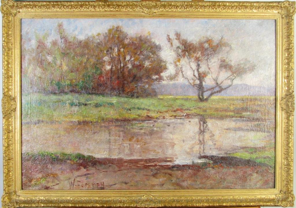 Wm Forsyth 21x31 O/B Autumn Pond Landscape: William J Forsyth (IN, 1854-1935) 21.5 x 31.5 oil on panel, signed lower left, an autumn landscape with pond prior restoration/conservation by Monica Radecki