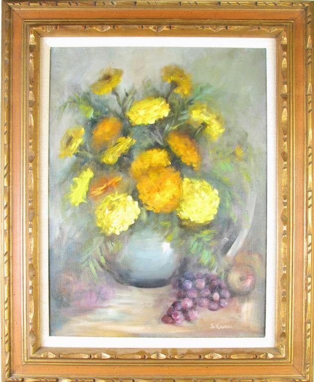 Sally Kriner 24 x 18 O/C Still Life: Sally Kriner (IN, 1911 - 2011), 24 x 18 Oil on canvas, signed lower right, still life flowers and fruit