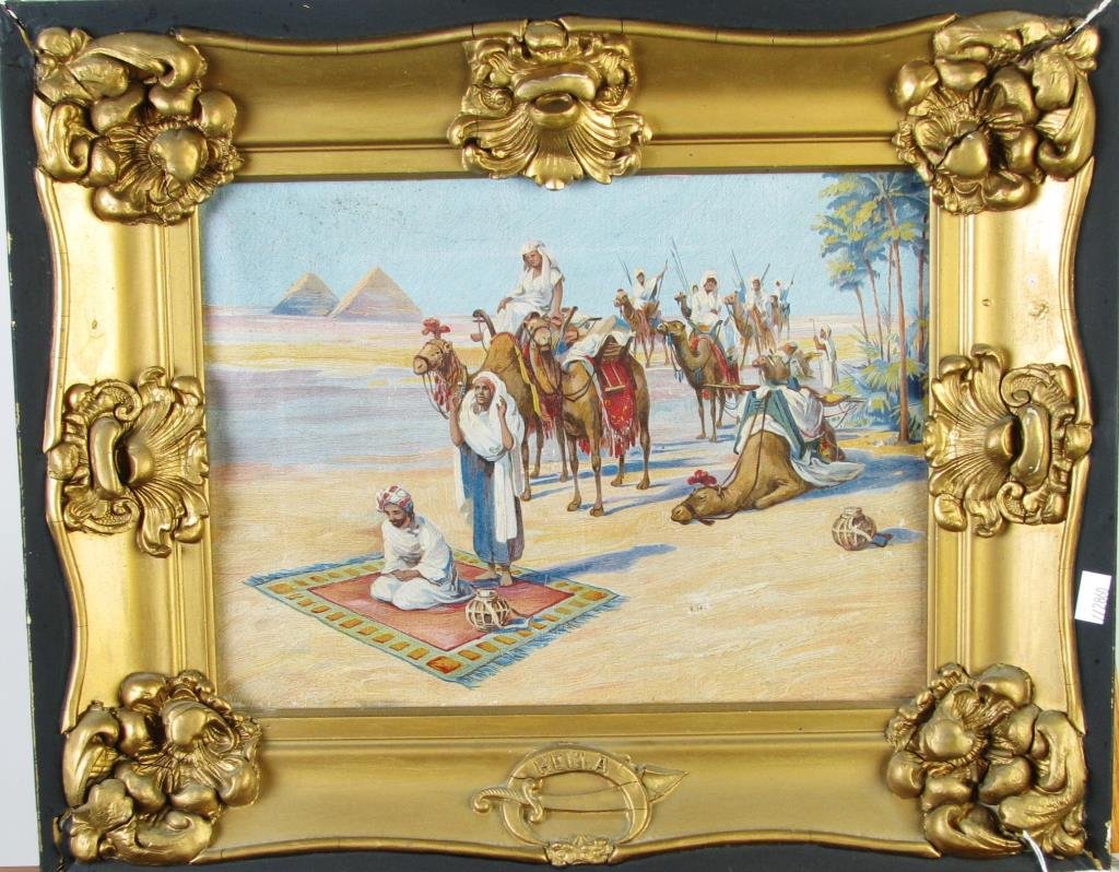Unsigned 9x12 O/C Middle Eastern Caravan: Unsigned, 9 x 12, oil on canvas, depicting figures on camels with distant pyramids