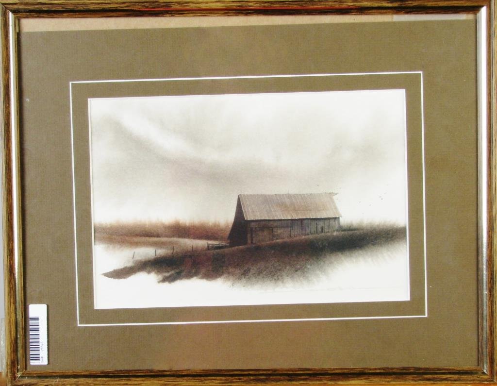 Rob O'Dell 6x9 W/C Barn with Stormy Skies: Rob O'Dell (IN, b. 1938) 6 x 9, watercolor, signed lower right, barn with stormy skies