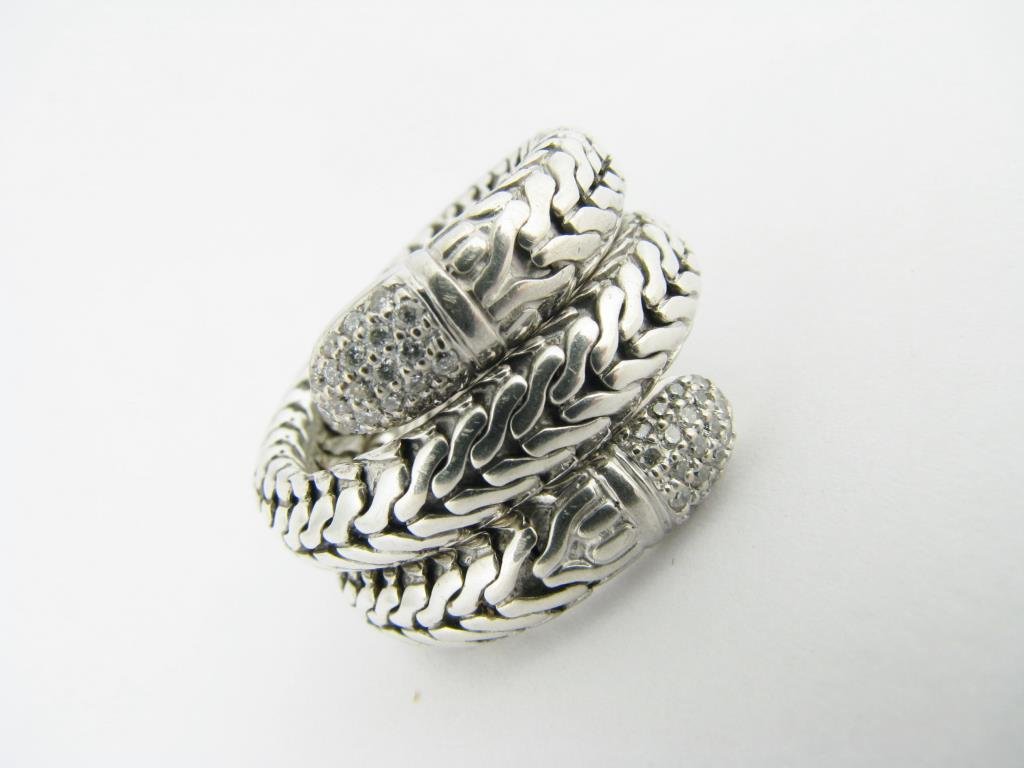 John Hardy 18K/Sterling Diamond Coil Ring: A John Hardy 18K and sterling double coil ring with diamond accent caps, approximately between size 6.5 and 8"