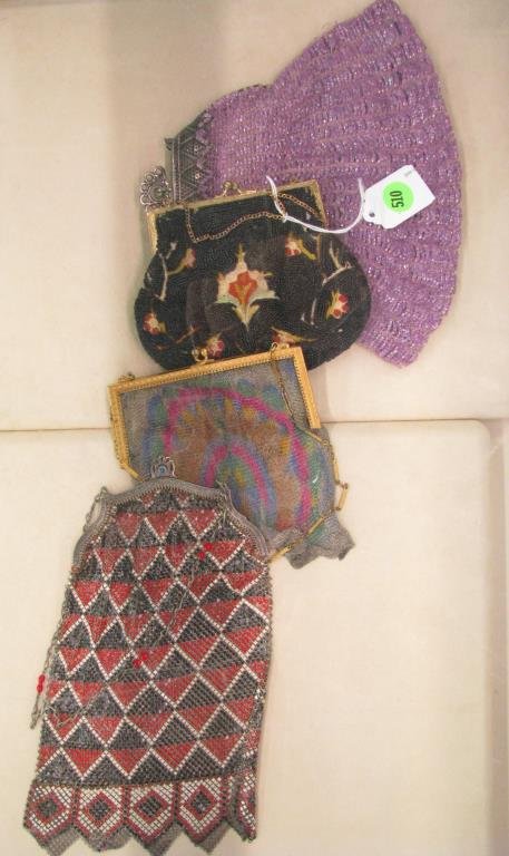Group of Four Vintage and Antique Handbags: Group of four vintage and antique handbags, including enameled Whiting & Davis silver mesh, a silver mesh with gold tone frame, a beaded compact case and a beaded bag with silver frame"