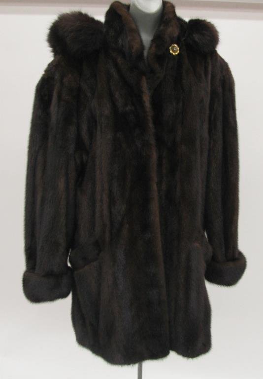 Mahogany Mink Fur Coat with Hood: Mahogany mink coat with detachable hood with fox trim, female skins