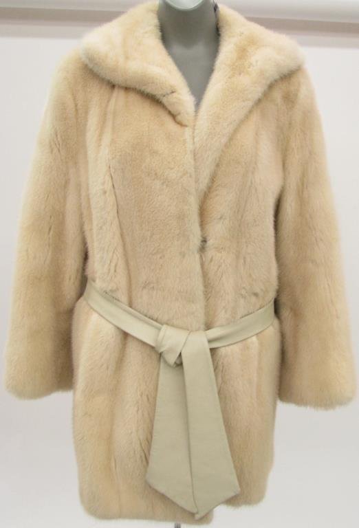 Mink Coat with Leather Belt, and Mink Stole: Light colored mink coat with leather belt, selling with mink stole