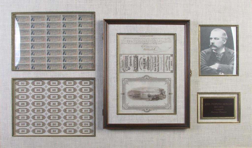 J.P. Morgan Commemorative Framed Collage: J.P. (John Pierpont) Morgan, commemorative display collage, with photo, stock certificates, framed
