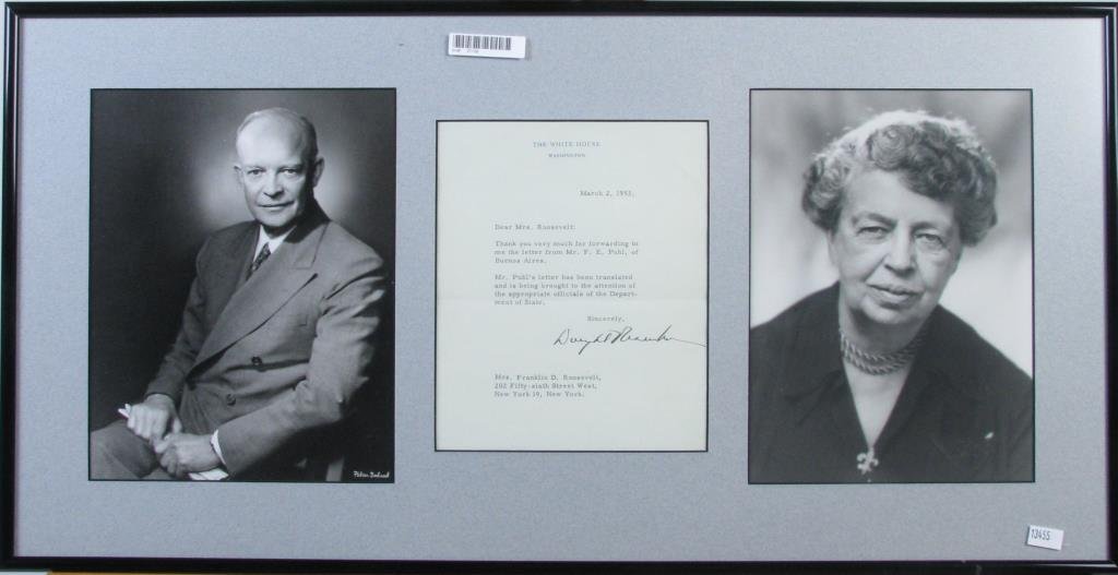 FDR, Eleanor Roosevelt Photograph, Signature: Franklin D. Roosevelt and Eleanor Roosevelt photographs, letter from White House dated March 2, 1953 and signature, size as framed 13.25 x 26