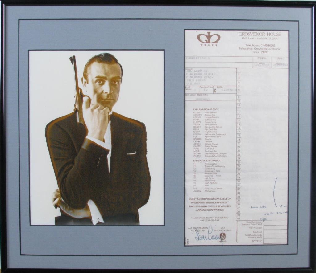 Sean Connery, Jamie Lee Curtis Autographed Receipt: Sean Connery autographed receipt from the Grosvenor House, London, 1982, framed with photo of actor, size as framed, 14.5 x 16.5 and autographed Jamie Lee Curtis check framed with two actress photos, 