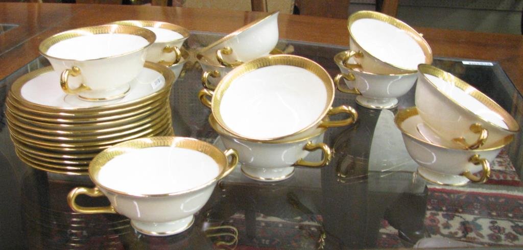 Lenox Marshall Field & Co. Bouillon Cups, Saucers: A set of twelve Lenox porcelain, for Marshall Field & Co., bouillon cups and saucers"
