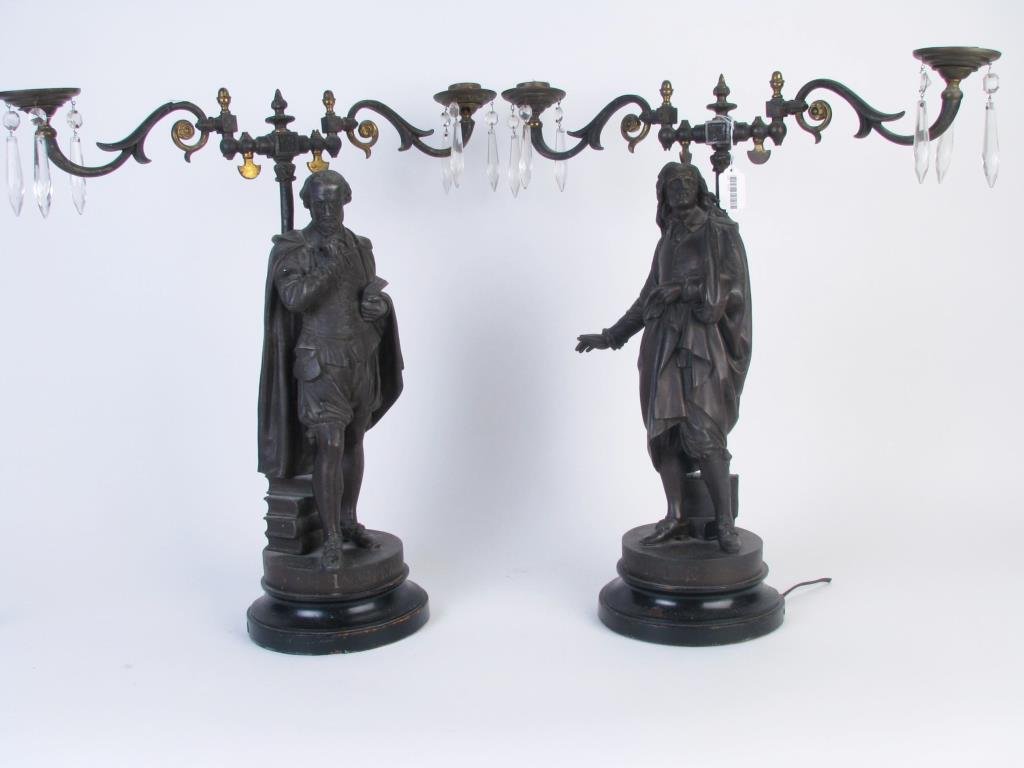 Decorative Pair Cast Metal Figural Candlesticks: Decorative pair of cast metal figural candlesticks, 22.5"" high, depicting figures of Shakespeare and Milton"