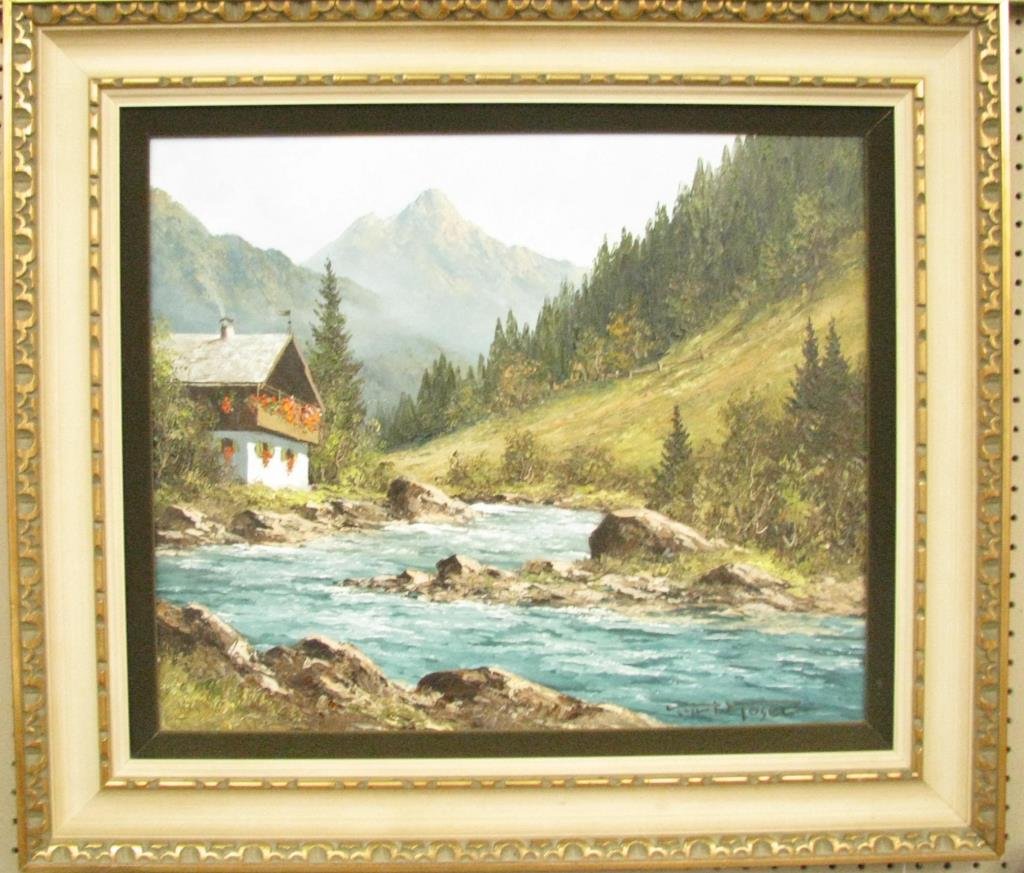 Bavarian Alps Signed Oil on Canvas: Signed oil on canvas, Bavarian Alps, 20 x 24, signed lower right, Toser, depicting cottage and stream in mountains"