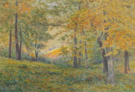 RB Gruelle 13x19 WC Autumn Woods: Richard Buckner Gruelle (IN, 1851-1914), 13.5 x 19.5 watercolor, signed lower right, Autumn Woods"