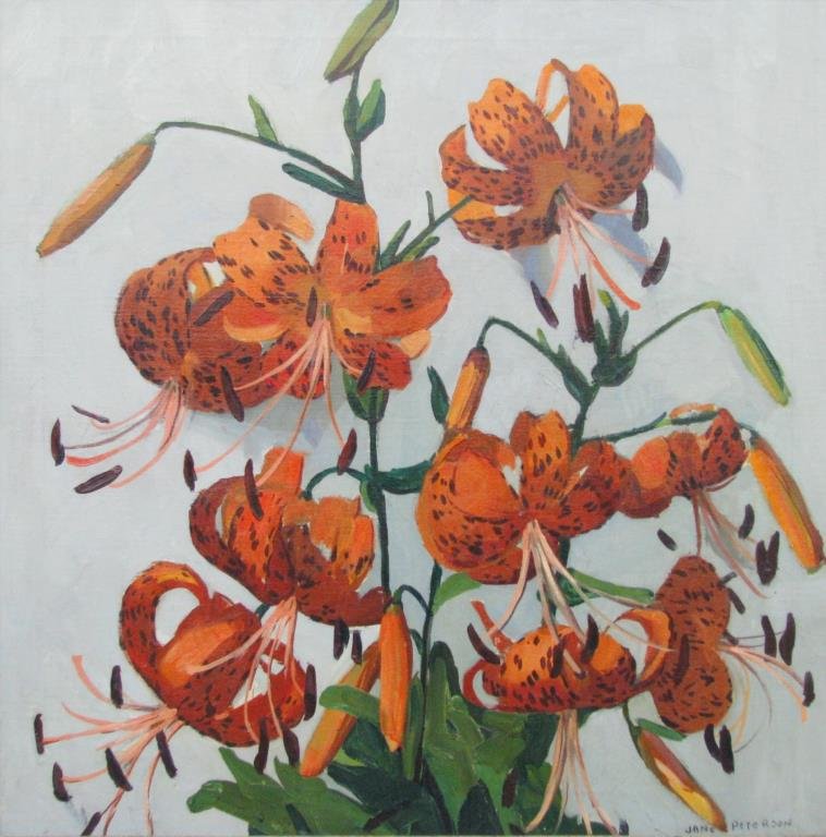 Jane Peterson 24x24 O/C "Tiger Lilies": Jane Peterson (US/France/Italy, 1876-1965), 24 x 24 oil on canvas, signed lower right, ""Tiger Lilies"", Vose Gallery tag verso (Boston)"