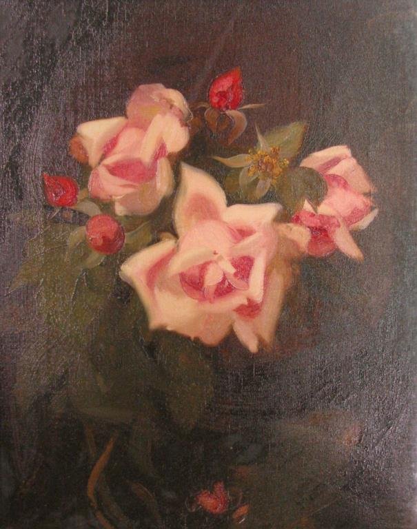 James Stuart Park 15x12 O/C Still Life Roses: James Stuart Park (UK/US, 1862-1933), 15 x 12 oil on canvas, signed lower right, Still Life Roses, inscribed illegibly verso...Scotland, framed under glass