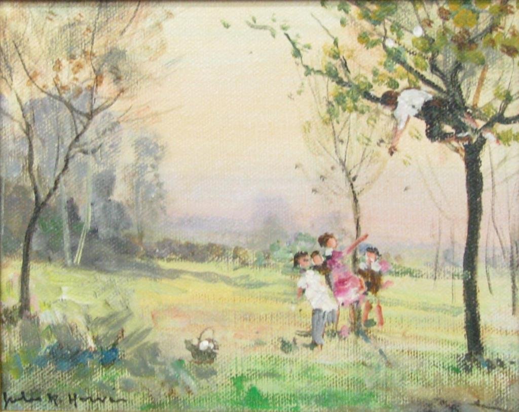 Jules Rene Herve 8.75x10.5 O/C Children Playing: Jules Rene Herve (France/US, 1887-1981), 8.75 x 10.5 oil on canvas, signed lower left, children playing in trees"