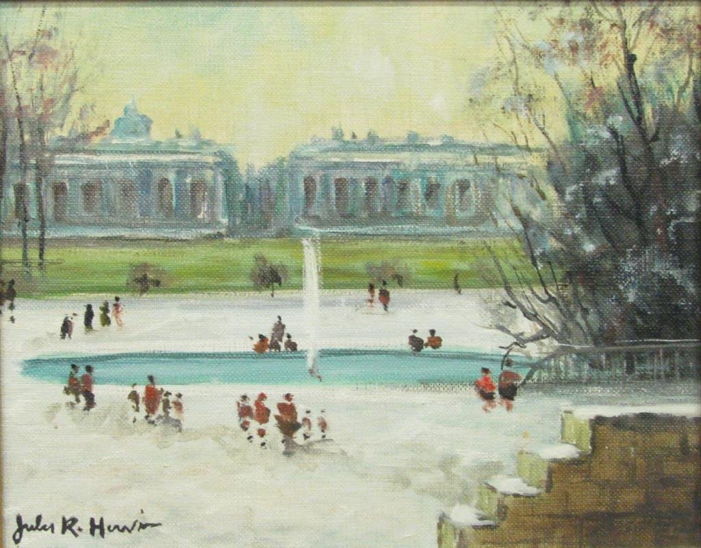Jules Rene Herve 8x10 O/C Winter City Scene: Jules Rene Herve (France/US, 1887-1981), 8 x 10 oil on canvas, signed lower left, depicting city fountain in winter with figures"
