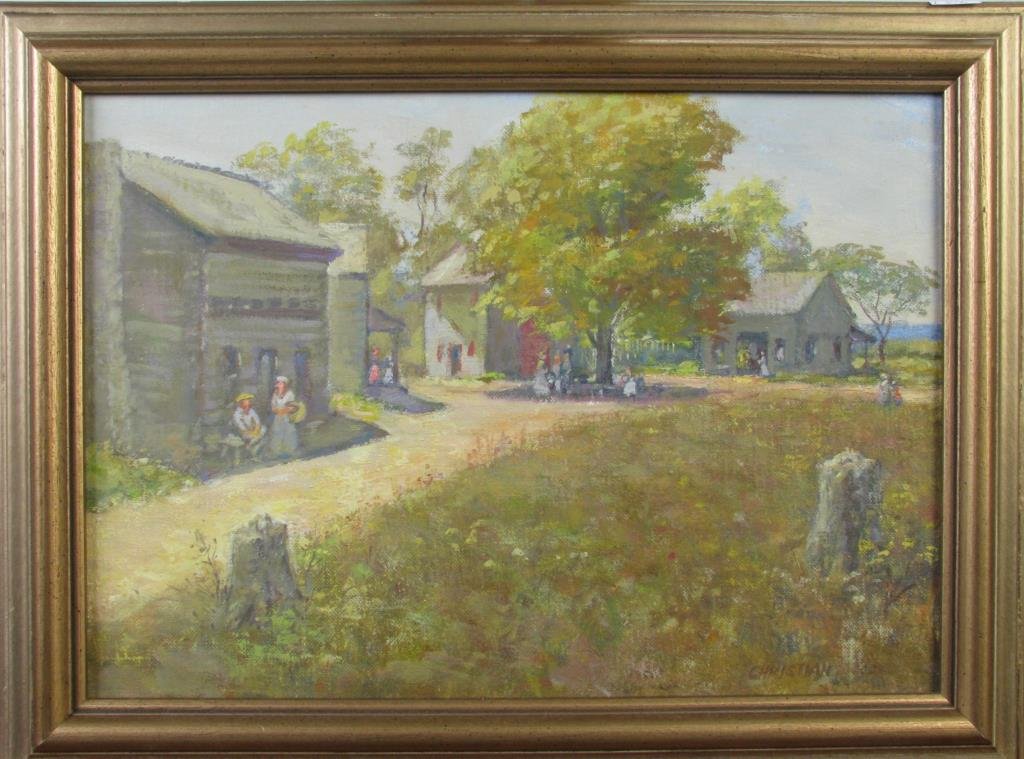 Grant W. Christian 9x13 O/B "Conner Prairie": Grant Wright Christian (IN, 1911-1989), 9.5 x 13.5 oil on board, signed lower right, titled ""Conner Prairie"""