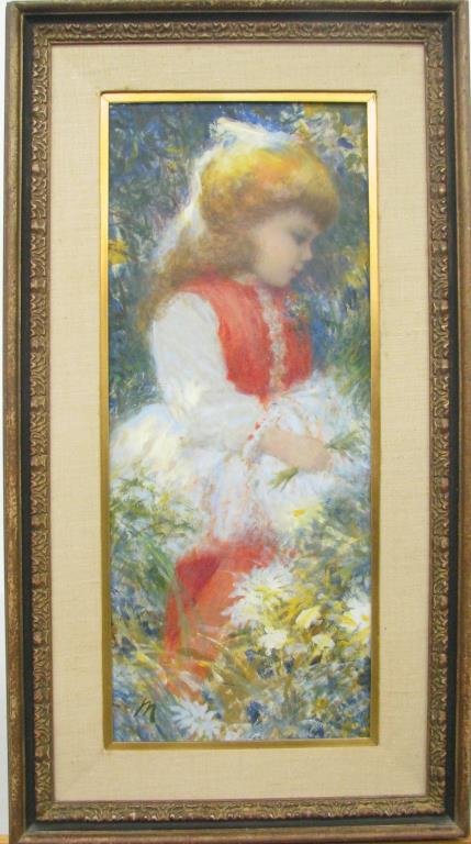 Harry Myers, pair, 24x10 O/B Children in Garden: Harry Myers (American, 1910-c. 1968), pair of 24 x 10 oil on board paintings, depicting little boy and little girl in garden, signed 'M' lower left and lower right, inscribed name verso"