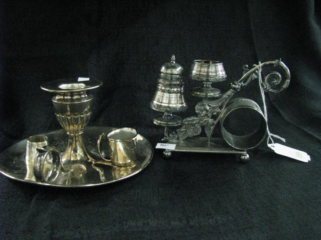 Two Items, Sheffield, Napkin Rings: Two items, Sheffield napkin rings, including a Sheffield candlestick and an ornate silverplate napkin ring with salt dip and shaker