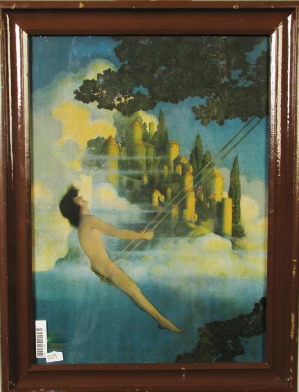 Framed Print After Maxfield Parrish: A framed print after Maxfield Parrish, depicting boy on swing, size as framed 18 x 14