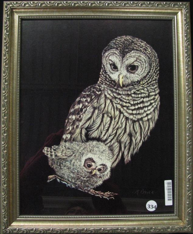 Marjorie Brice 13x16 scratchboard, Owls: Marjorie Brice, 13x16, scratchboard with watercolor highlights, Untitled (Two Owls), signed, depicting a female owl and her chick