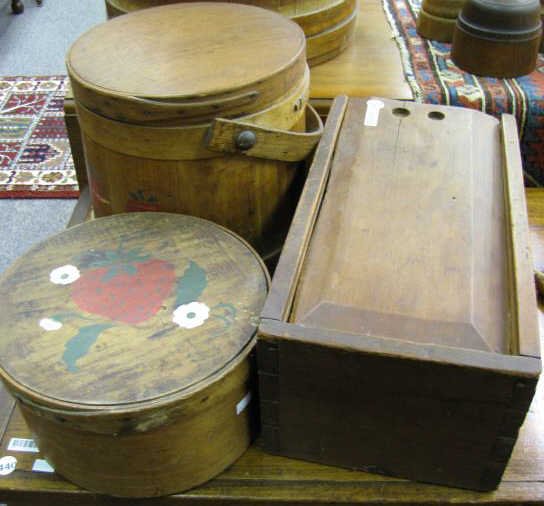 Group of Wooden Primitives: A group of wooden primitives including cheese box with paint decorated lid, sugar bucket, and candle box with sliding lid