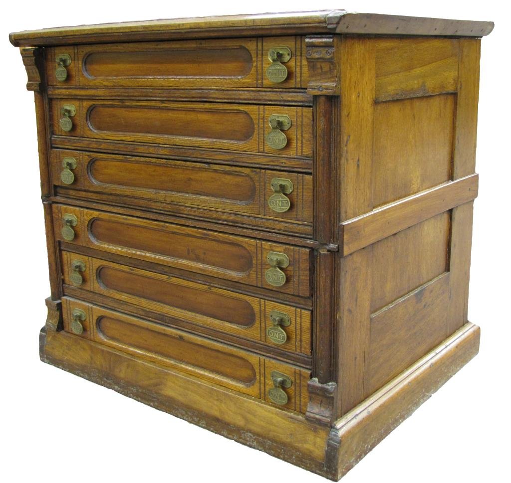 Antique Clark's Six Drawer Spool Cabinet: An antique Clark's six drawer spool cabinet, with ONT (Our New Thread) hardware, refinished, 23" high x 19" deep x 25.5" wide