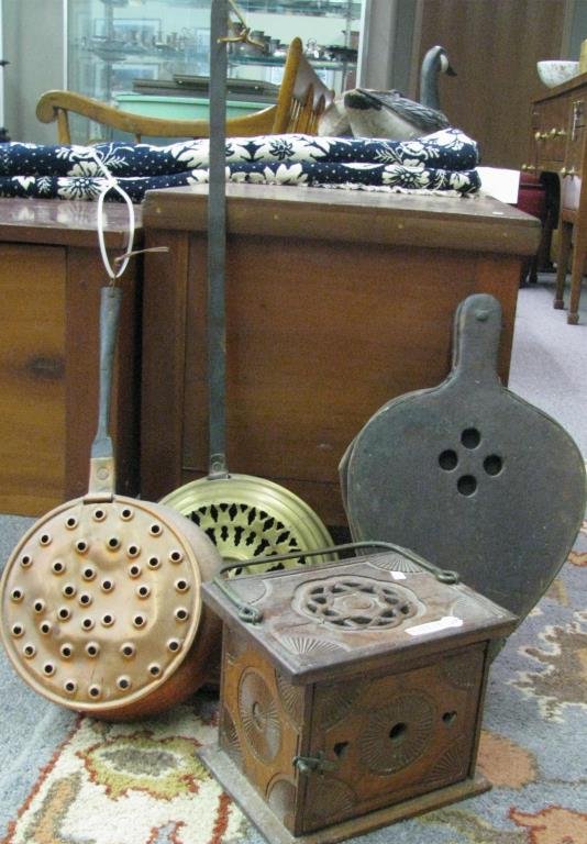 Group of Antique Accessories: Group of antique accessories including bed warmers, bellows and box style warmer