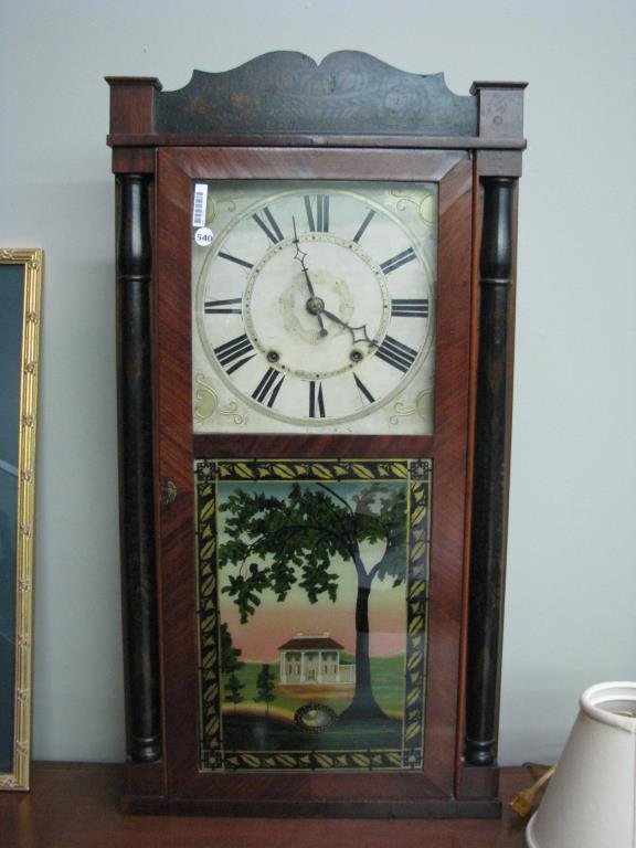 Antique Seth Thomas Ogee Clock: Antique Seth Thomas Ogee clock with reverse painted glass door, 34" high