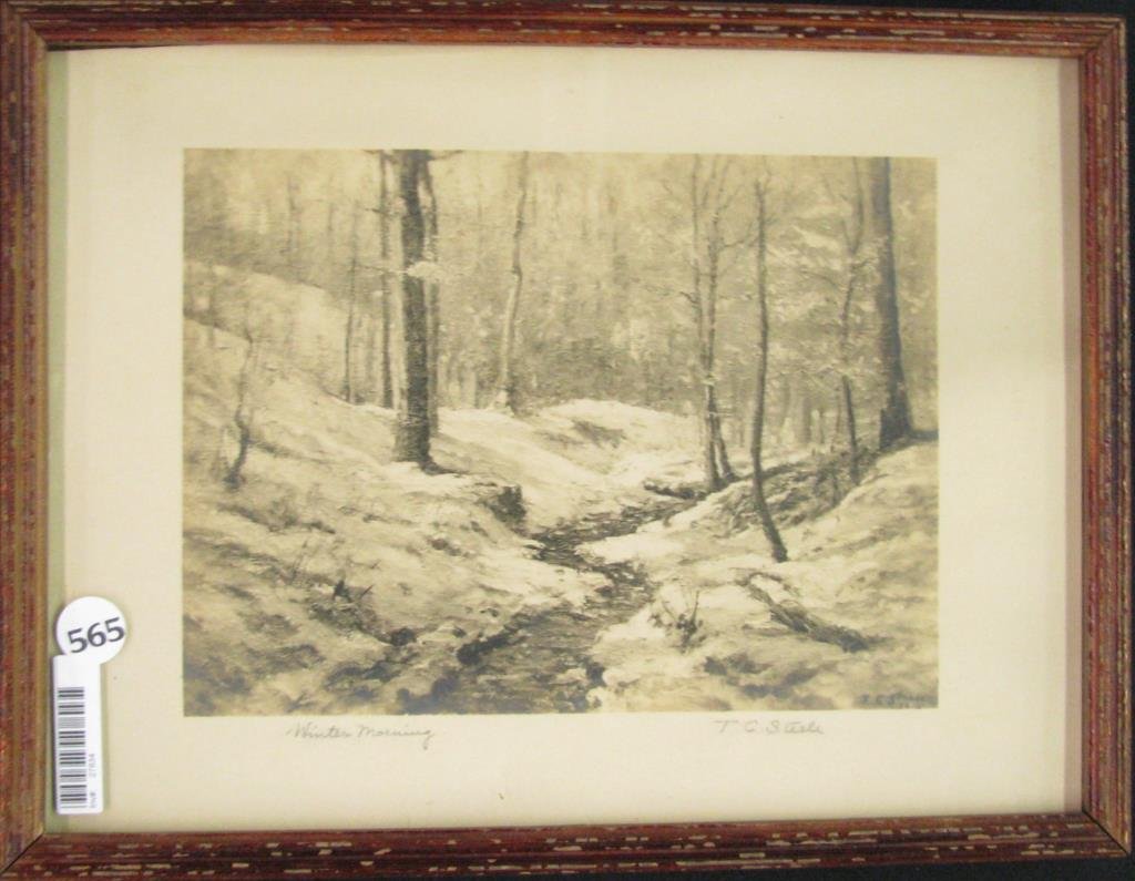TC Steele Framed Print: TC Steele framed print, inscribed "Winter Morning" in margin, and pencil signed, after an original painting depicting winter landscape with creek and originally dated 1915, image size 6.25 x 8.25