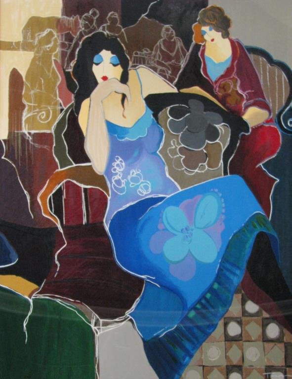 Itzchak Tarkay "Suzanne", framed Serigraph: Itzchak Tarkay (1935-2012) Serigraph, signed and numbered #29/350, "Suzanne", depicting the waiting ladies of the house, size as framed 56 x 47