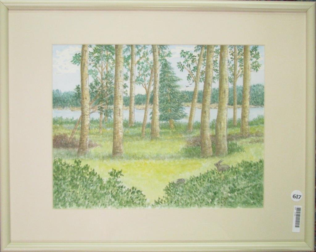 Violet J. Working 10.75x13.75 W/C "Lake Scene...": Violet J. Working (American, 1929- ), watercolor on acid-free watercolor paper, signed lower right, "Lake Scene with Birch", 2010, image size 10.75 x 13.75, size as framed 20.25 x 16.25, depicting bir