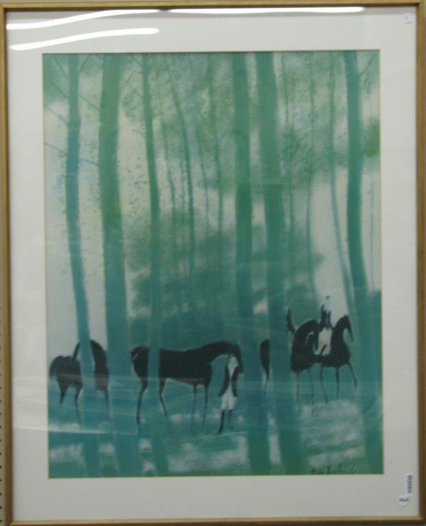 Vintage Andre Brasilier Framed Lithograph: Vintage Andre Brasilier (French, 1958-1991) lithograph, size as framed 39 x 31 inches, depicting figures and horses in woods