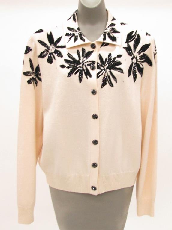 St. John Evening, Marie Gray, Cardigan: St. John Evening by Marie Gray cream cardigan with black velvet flowers and beaded sparkle accent. Ornate black floral style beaded buttons. Size 12