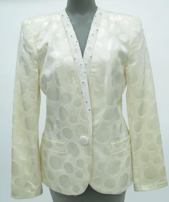 Sassco Vintage Jacket: Sassco vintage ivory beaded "smoking" style jacket. Single snap closure with exquisite beading including on the buttons. Two front pockets. Jacket has bubble design print; (needs minor repairs). Med/L